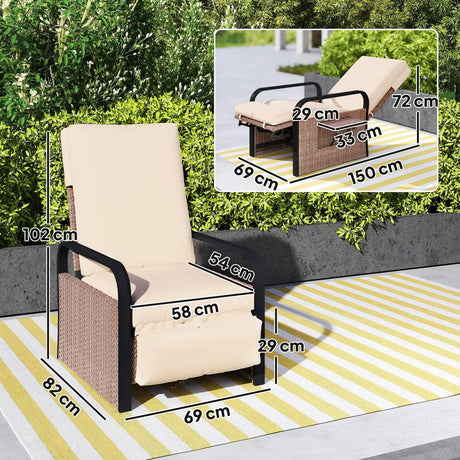 Outsunny 140 Reclining Rattan Armchair - Brown/Khaki