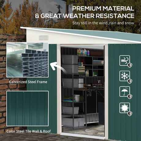 Outsunny Garden Metal Storage Shed Outdoor Metal Tool House with Double Sliding Doors and 2 Air Vents, 11.3x9.2ft, Green