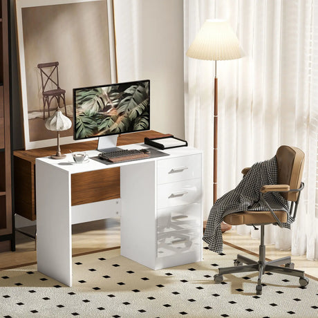 HOMCOM Computer Desk with Drawers, Dressing Table, High Gloss Home Office Writing Workstation, White