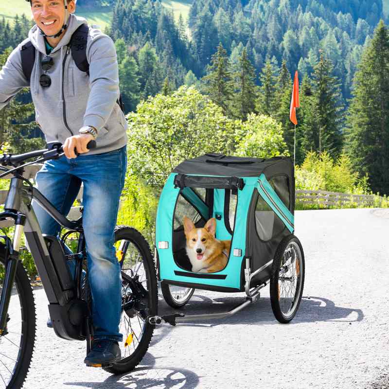 PawHut Folding Dog Bike Trailer Pet Cart Carrier for Bicycle Travel in Steel Frame with Hitch Coupler - Light Blue & Grey