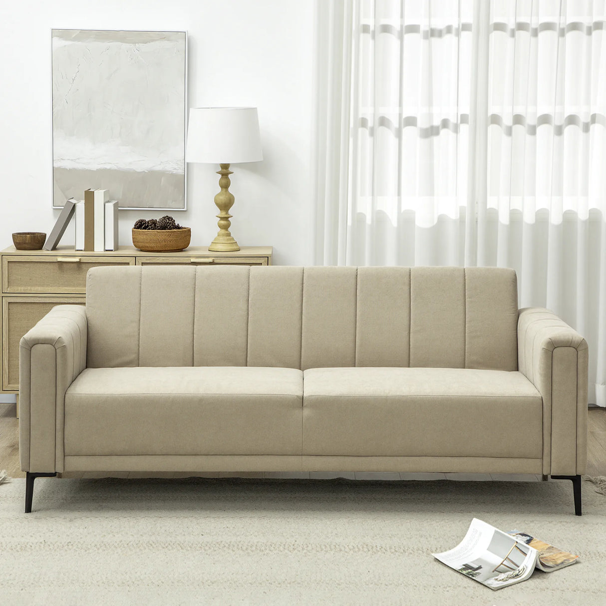 HOMCOM 3 Seater Sofa, Modern Fabric Sofa Couch, Channel Tufted Upholstered Sofa Settee for Living Room, Guest Room, Bedroom, Home Office, Khaki