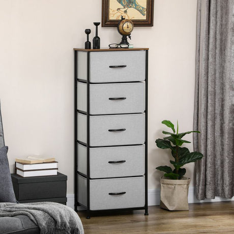 HOMCOM Fabric Chest of Drawers, Storage Drawers, Industrial Bedroom Dresser with 5 Fabric Drawers, Steel Frame and Wooden Top for Nursery, Living Room, Closet, Hallway, Grey