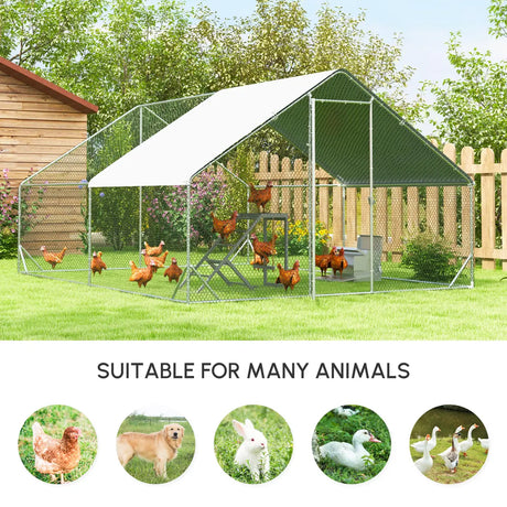 PawHut Chicken Walk-in Run, Galvanised Chicken Coop, Hen Poultry House Cage, Rabbit Hutch Pet Playpen Garden w/ Water-Resist Cover, 3 x 4 x 2m