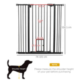 PawHut Extra Tall Pet Gate, Indoor Dog Safety Gate, with Cat Flap, Auto Close, 74-101cm Wide - Black