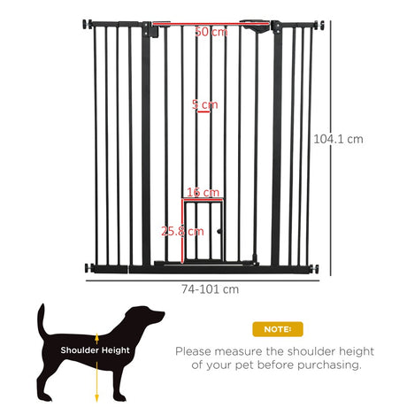 PawHut Extra Tall Pet Gate, Indoor Dog Safety Gate, with Cat Flap, Auto Close, 74-101cm Wide - Black