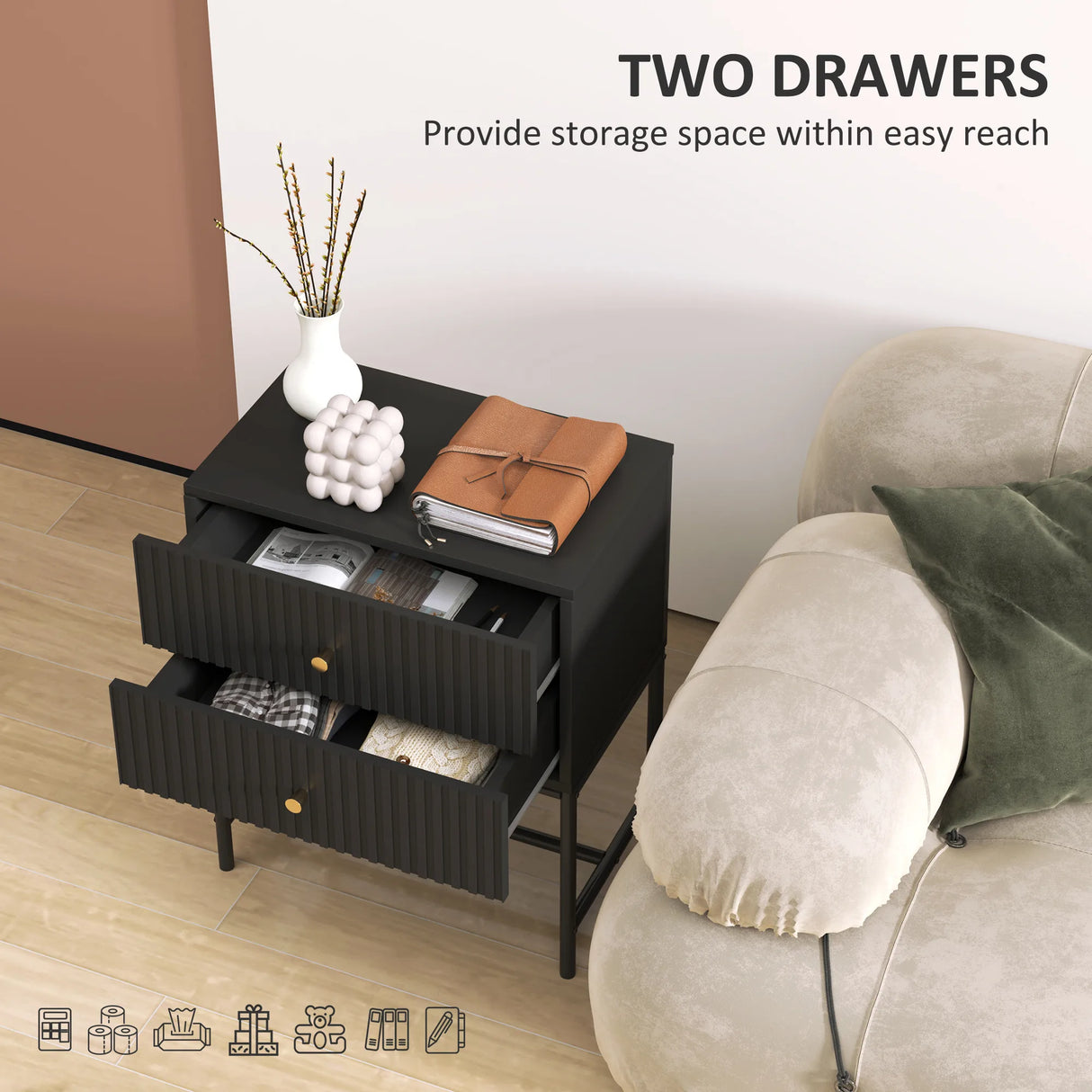 HOMCOM Elegant Two-Drawer Bedside Table - Black