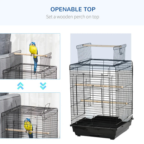PawHut Steel Bird Cage with Openable Top, Stand, Tray, Handles, Feeding Bowls for Parakeet, Finch - Black