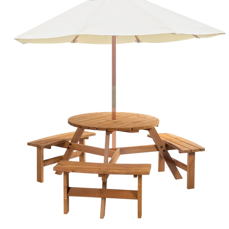 Outsunny 6 Seater Wooden Picnic Table and Bench Set Round Patio Dining Set with 3 Benches and Umbrella Hole Outdoor Garden Park, Brownish Red