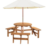 Outsunny 6 Seater Wooden Picnic Table and Bench Set Round Patio Dining Set with 3 Benches and Umbrella Hole Outdoor Garden Park, Brownish Red