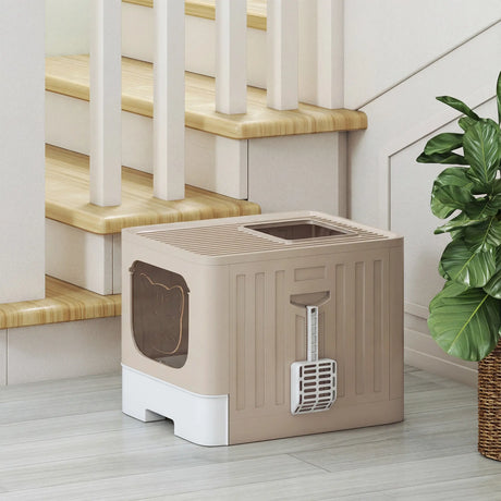 PawHut Foldable Cat Litter Box with Lid, Slide-Out Drawer, Scoop, Easy Clean, Odour Control, Anti-Splashing, Khaki