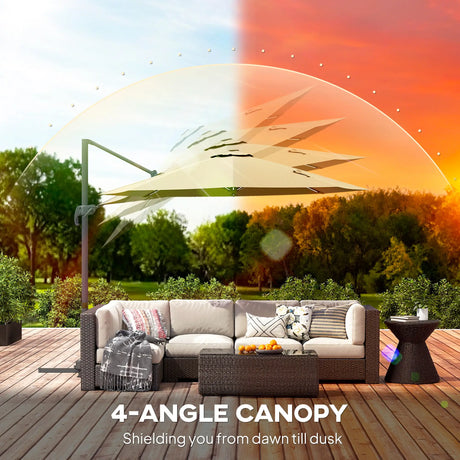 Outsunny 3(m) Adjustable Cantilever Parasol with Base, Solar LED Lights, Khaki