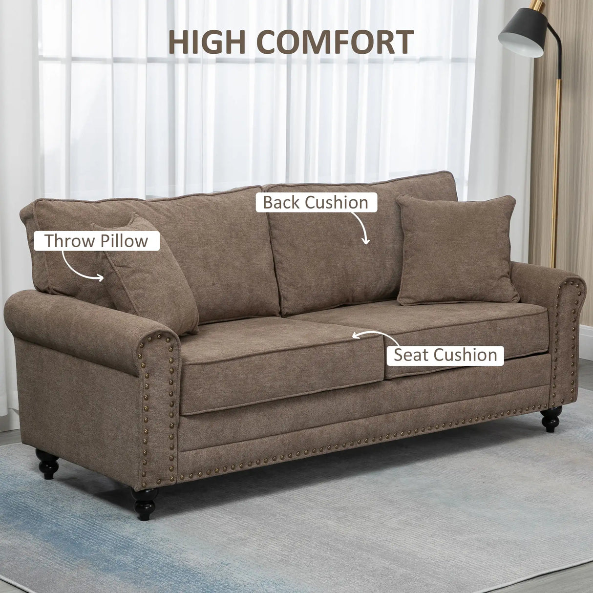 HOMCOM 196cm 3 Seater Sofa, Fabric Sofa with Rubber Wood Legs, Nailhead Trim, 2 Pillows, Small Upholstered Couch Settee for Living Room, Guest Room, Brown