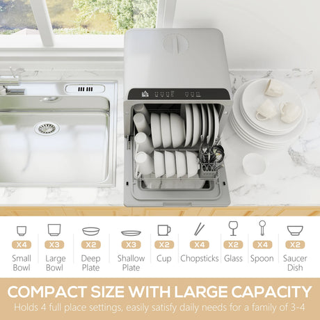 HOMCOM Table Top Dishwasher with Built-in 6L Water Tank, Mini Countertop Dishwasher with 6 Programs, 4 Place Settings, Silver Tone