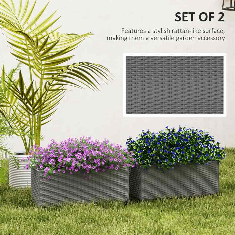 Outsunny Set of Two Rattan-Effect Planters - Grey