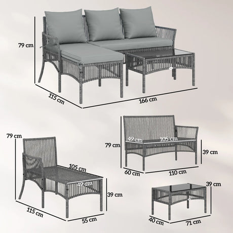 Outsunny 3 Piece Rattan Garden Furniture Corner Sofa Set with Chaise Lounge, Loveseat, Glass Coffee Table, Cushions, Dark Grey