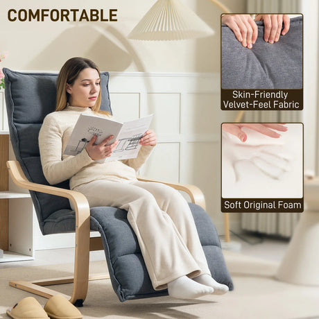 HOMCOM Curved Wooden Accent Chair, with Adjustable Footrest - Drak Grey