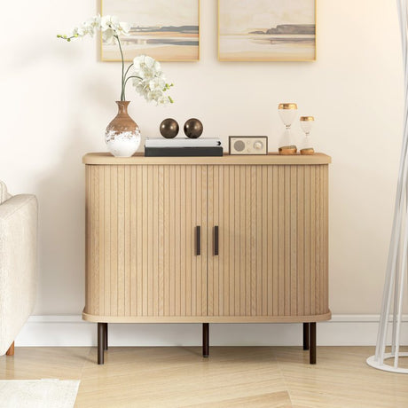 HOMCOM Mid-Century Modern Sideboard Storage Cabinet with Slatted Tambour Sliding Doors, Kitchen Cabinet with Steel Legs, Oak Tone