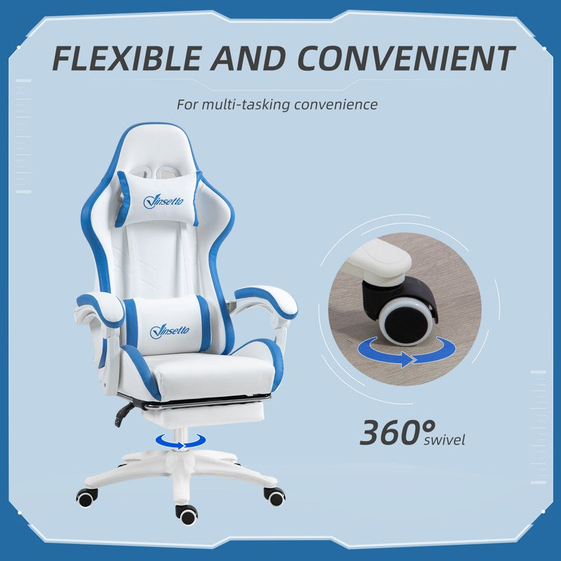 Vinsetto Computer Gaming Chair, PU Leather Desk Chair with Footrest, Swivel Task Chair with 135° Reclining Back and Lumbar Support, PC Chair for Adults, White and Blue