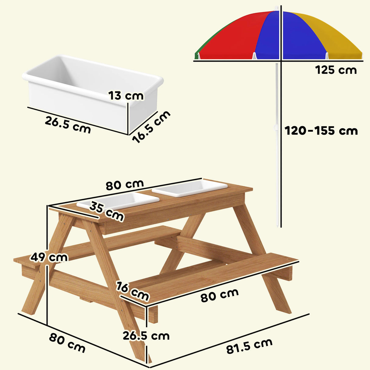 AIYAPLAY Kids Picnic Table, Sand and Water Table with Wooden Benches, Adjustable Parasol and Storage Bins, Multicolour