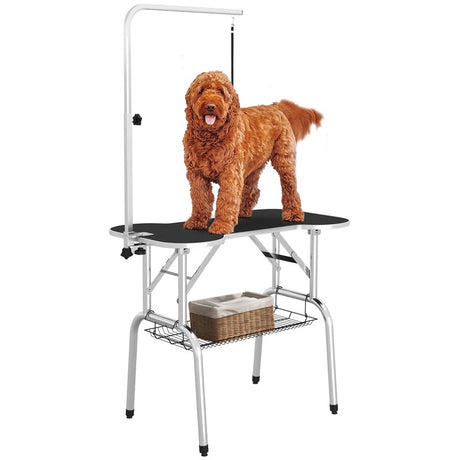 PawHut Foldable Dog Grooming Table Pet Drying Table with Adjustable Arm Non-Slip Rubber Tabletop Aluminium Alloy Edge Stainless Steel Bar Sling 94.5 x 55 x 81cm Black