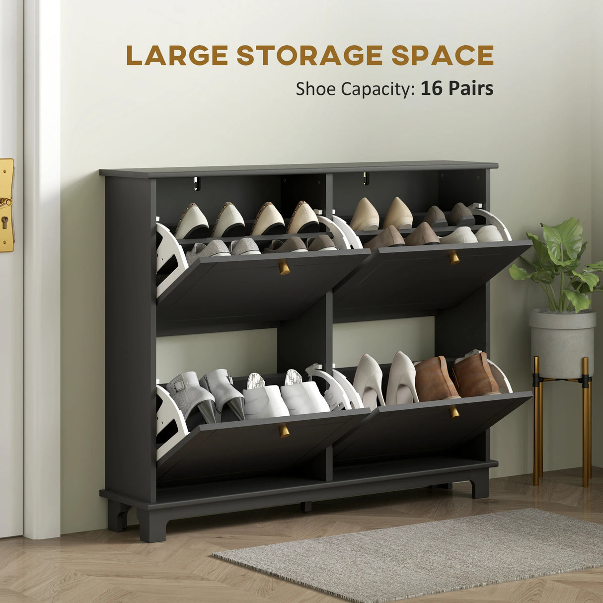 HOMCOM Narrow Shoe Storage Cabinet, Slim Shoe Cabinet with 4 Flip Drawers, Adjustable Shelves for 16 Pairs of Shoes, Black