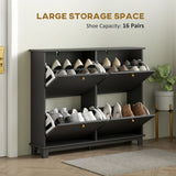 HOMCOM Narrow Shoe Storage Cabinet, Slim Shoe Cabinet with 4 Flip Drawers, Adjustable Shelves for 16 Pairs of Shoes, Black