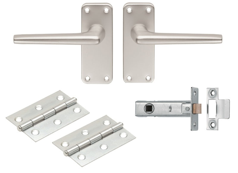 ALUMINIUM LEVER LATCH INTERNAL PACK C/W SAA22 HANDLES 2.5” TUBULAR LATCH & 1 PAIR OF HINGES - SATIN ANODISED ALUMINIUM - PACK (INT)