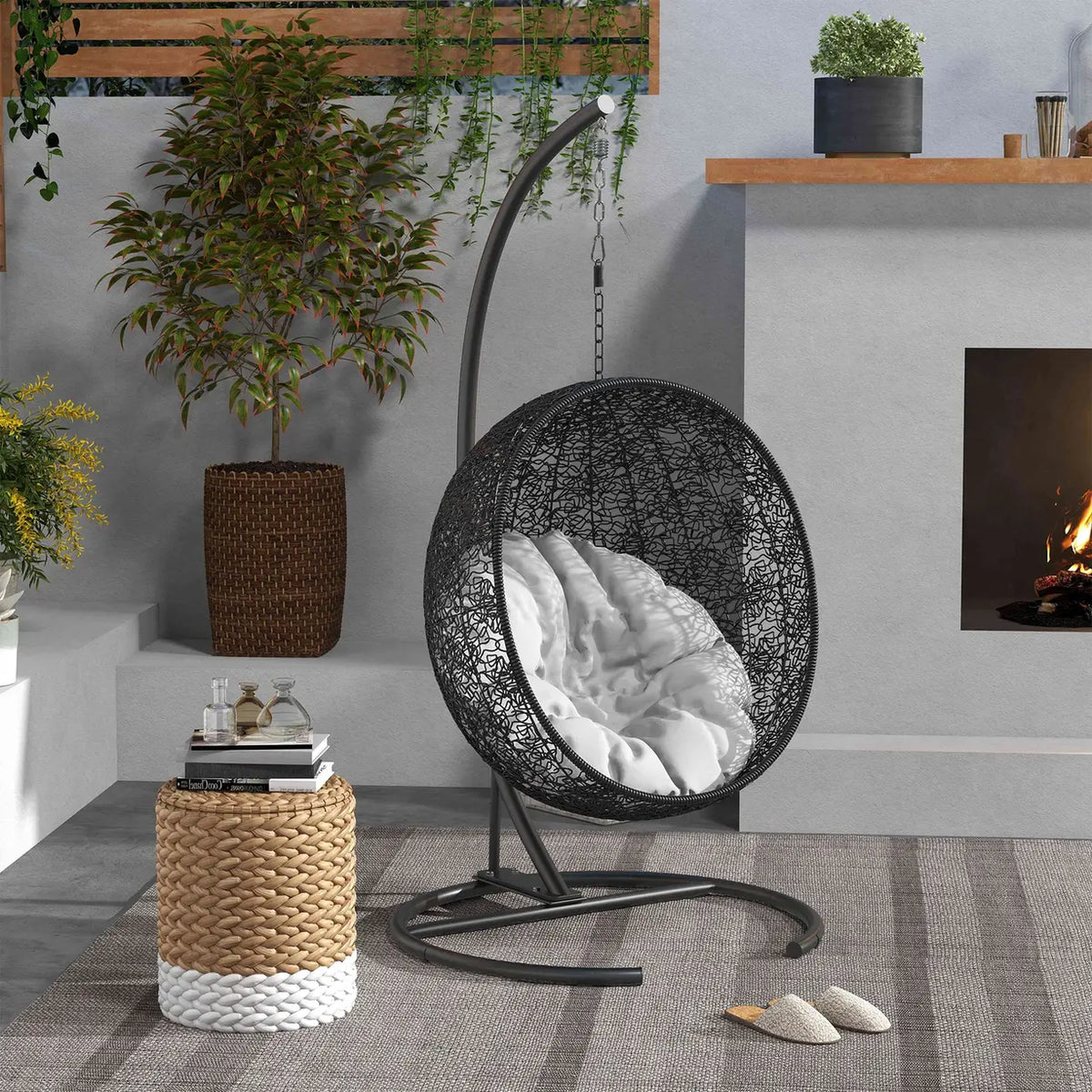 Outsunny Hanging Hammock Chair Stand with Round Base, C Hanging Swing Stand Frame for Swing/Egg/Hammock Chair, Indoor & Outdoor, Heavy Duty 330 lbs, Black