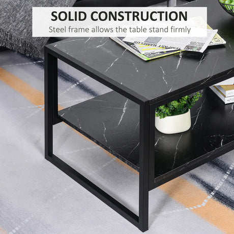 HOMCOM Coffee Table, Two-Tier Faux Marble Effect Centre Table with Metal Frame and Storage Shelf for Living Room, 106 x 50 x 45cm, Black