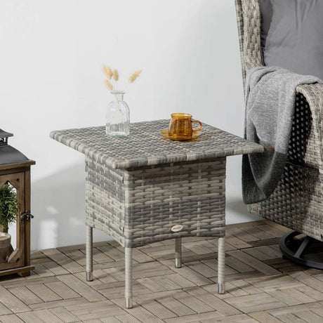 Outsunny Rattan Side Table, Outdoor Coffee Table with Plastic Board Under the Full Woven Table Top for Patio, Garden, Balcony, Mixed Grey