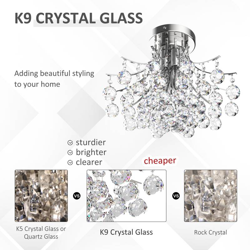 HOMCOM Crystal Chandeliers, K9 Droplets Ceiling Light with 3 E14 Bulb Base, Pendant Lights for Living Room, Bedroom, Dining Room, Hallway, Kitchen