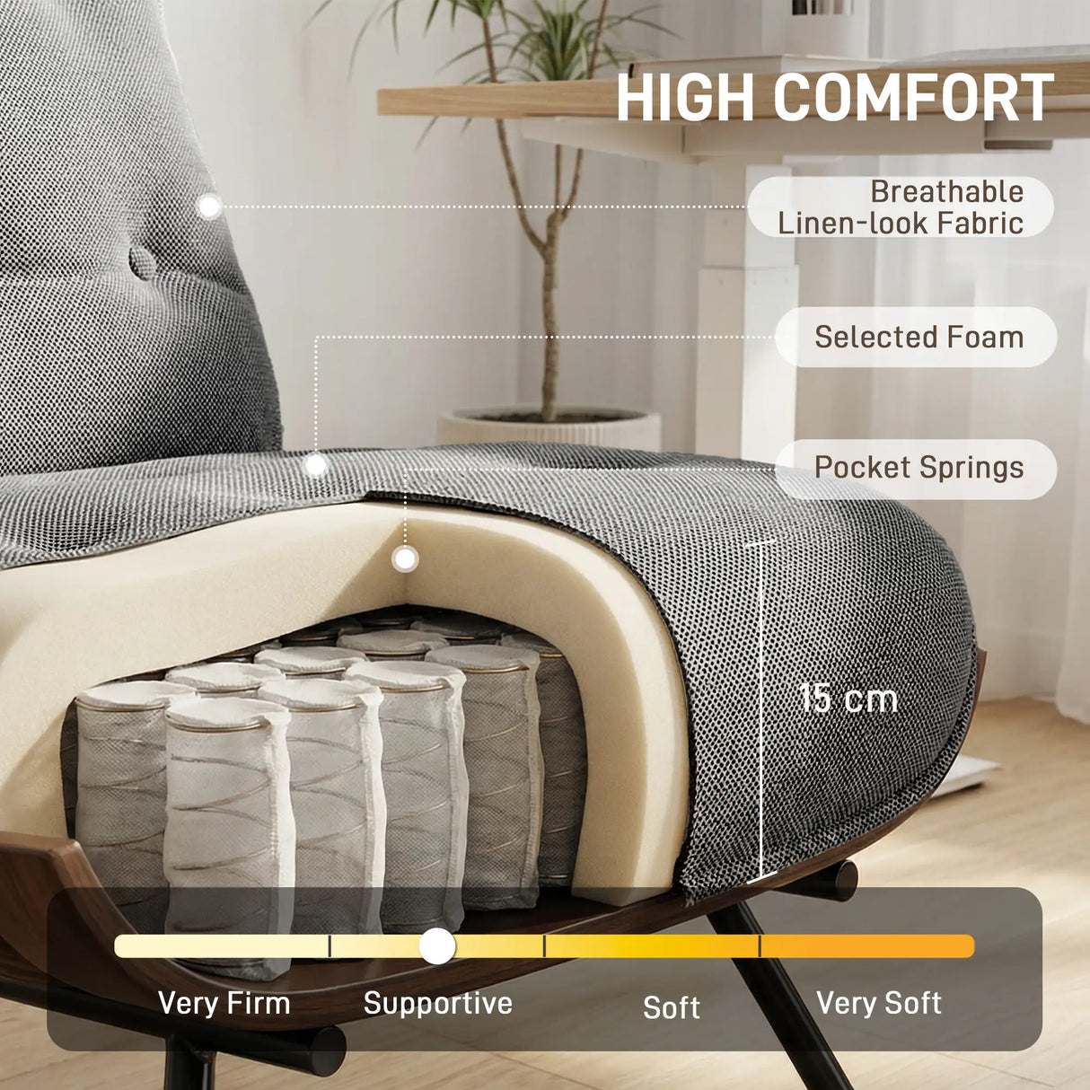 HOMCOM Accent Chair, Linen-look Fabric Reading Chair with Spring Cushion, Slatted Support, Steel Frame, Dark Grey