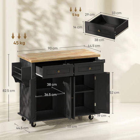 HOMCOM Rolling Kitchen Island Storage Trolley with Rubber Wood Top & Drawers for Dining Room, Black