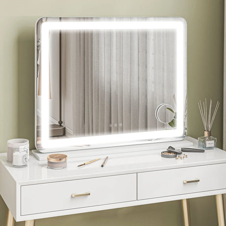 HOMCOM Vanity Mirror with Lights, Large Lighted Makeup Mirror with 3 Colour Lighting Modes, 10X Magnifying, USB Charging Port, Touch Screen, Tabletop or Wall Mounted Design for Bedroom, White