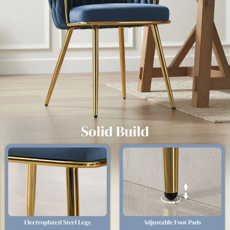 HOMCOM Velvet-Feel Dining Chairs Set of 2, Modern Upholstered Kitchen Chairs with Woven Backrest and Armrests, Metal Legs and Padded Seat for Dining Room, Bedroom, Living Room, Dark Blue