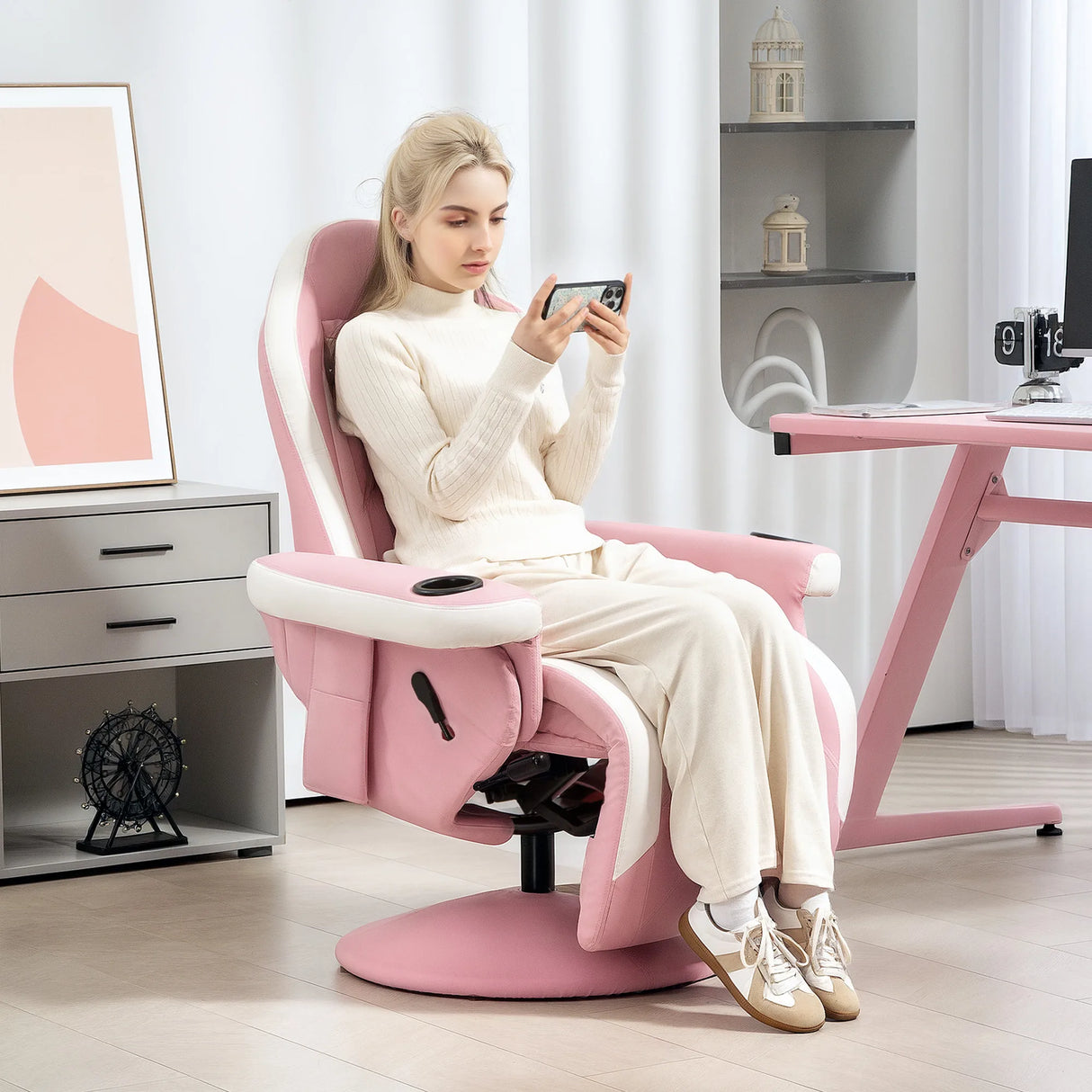 HOMCOM Manual Recliner Armchair PU Leather Lounge Chair w Adjustable Leg Rest, 135 Reclining Function, 360 Swivel, Pink