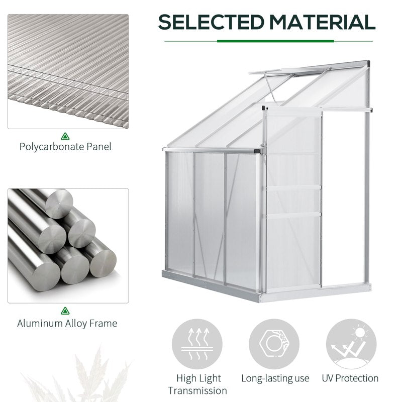 Outsunny 6 x 4ft Lean to Wall Polycarbonate Greenhouse Aluminium Walk-in Garden Greenhouse with Adjustable Roof Vent, Rain Gutter and Sliding Door, Clear