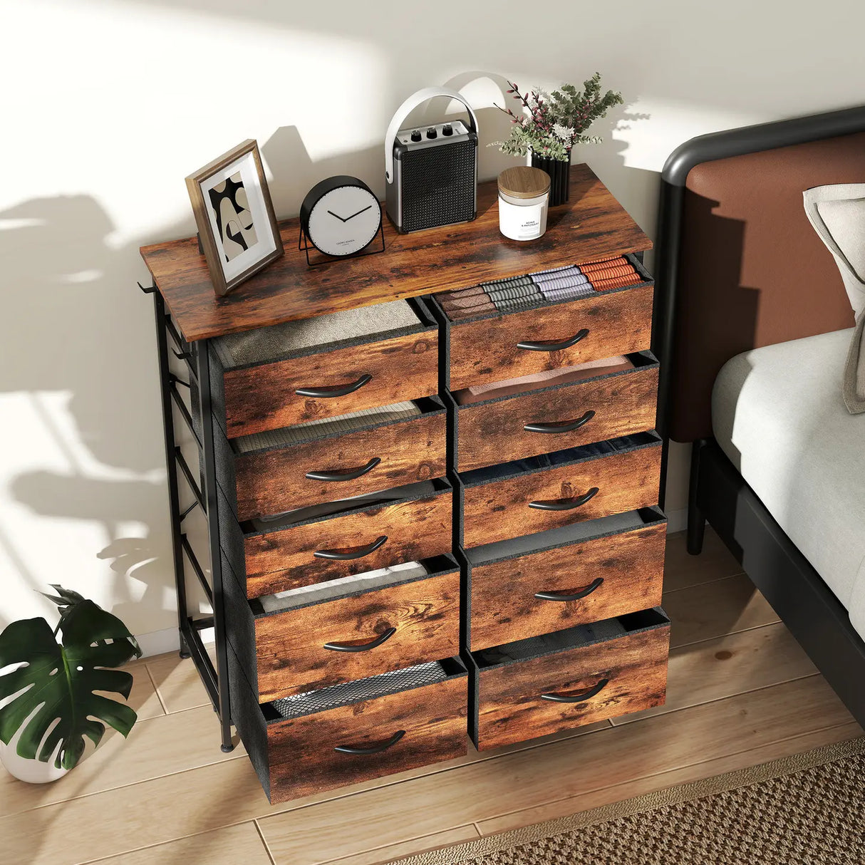 HOMCOM Chest of Ten Fabric Drawers - Rustic Brown
