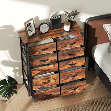 HOMCOM Chest of Ten Fabric Drawers - Rustic Brown