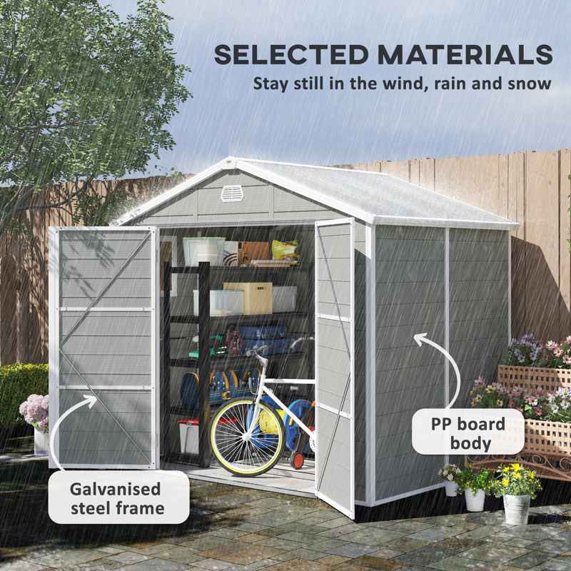 Outsunny 7.9ft x 6.2ft Aluminium Frame and Plastic Wall Shed, with Foundation - Light Grey