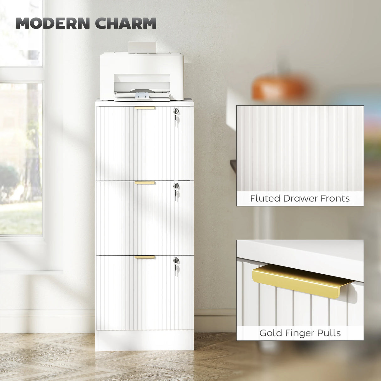 HOMCOM Filing Cabinet, Fluted Vertical File Cabinet with 3 Lockable Drawers and Hanging Rails, White