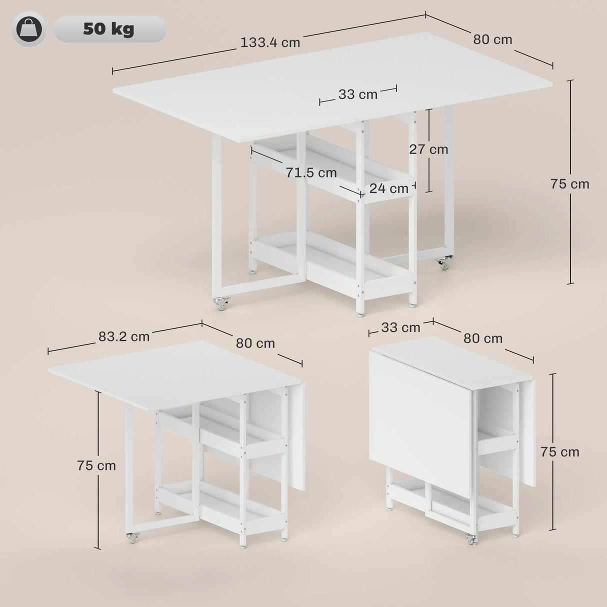 HOMCOM Four-Person Drop Leaf Table - White