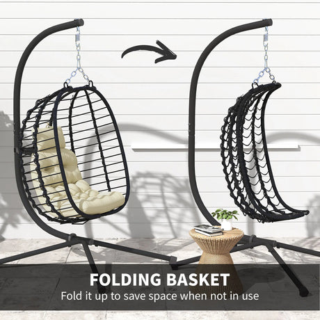 Outsunny Rattan Hanging Egg Chair, Foldable Wicker Hammock Swing Chair with Cushion, Stand, Adjustable Height, Head Pillow, Steel Frame for Garden Patio Indoor Outdoor, Cream White