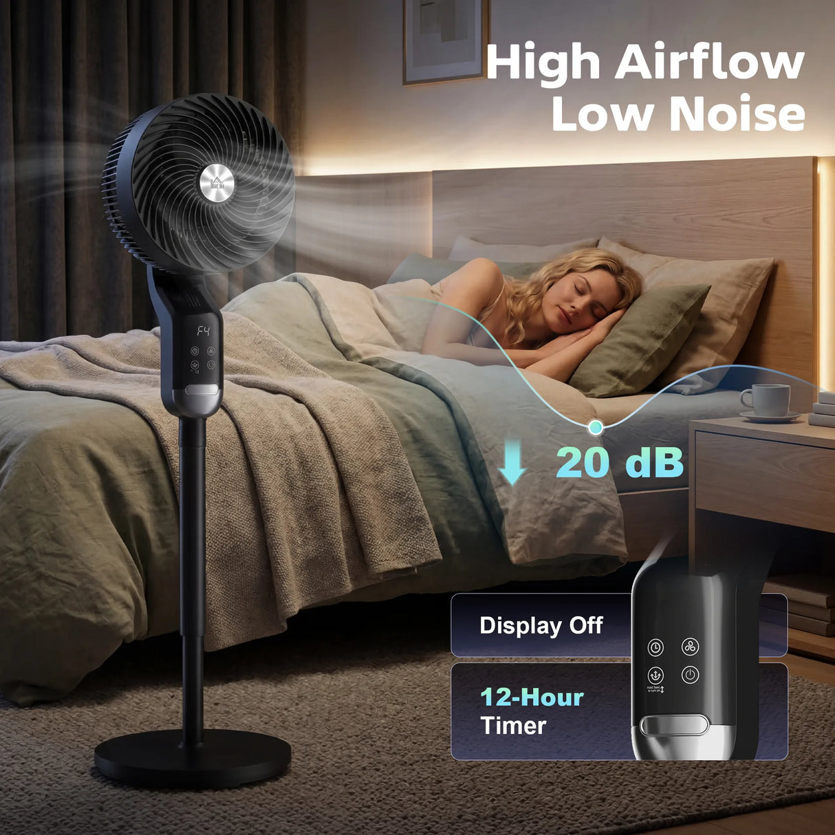 HOMCOM 20 dB Silent Standing Fan, Pedestal Fan with Remote, Oscillating, 8 Speeds, Adjustable Height, 12H Timer