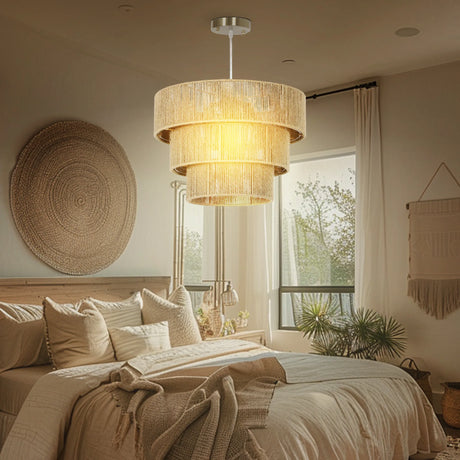 HOMCOM Hemp Rope Ceiling Light, 3-Layer Boho Pendant Light, 4 x E14 Vintage Ceiling Lamp Fixtures for Living Room, Bedroom, Kitchen, Hallway, Light Brown