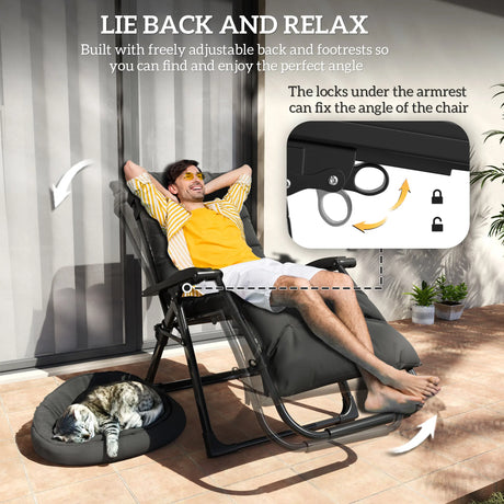 Outsunny 2 Piece Reclining Zero Gravity Sun Loungers with Cushions, Black