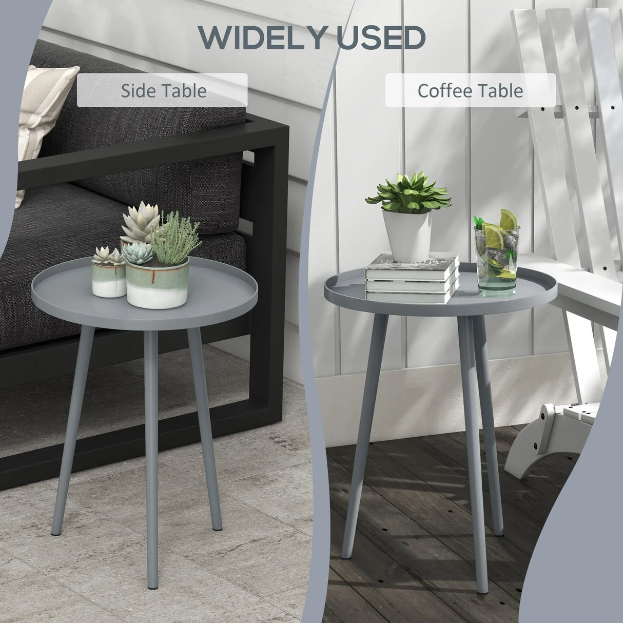 Outsunny Round Garden Coffee Table, Outdoor Side Table with Rounded Steel Edge, 40 x 50H cm, Grey