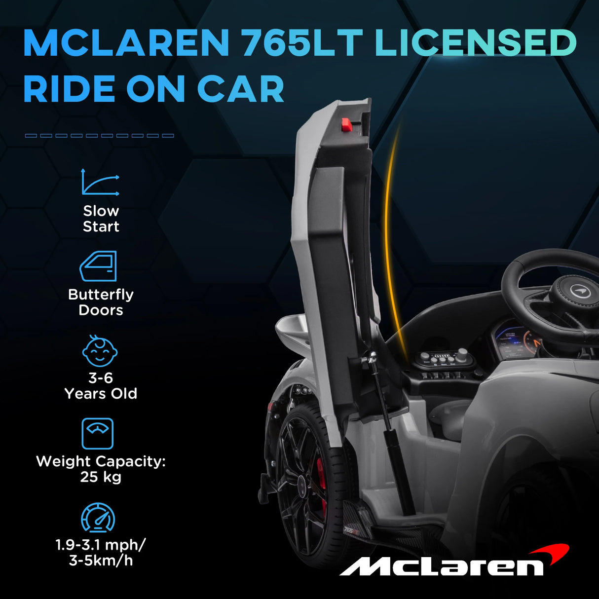 AIYAPLAY McLaren 765LT Licensed 12V Kids Electric Ride on Car with Butterfly Doors, Remote Control, Transport Wheels, Grey