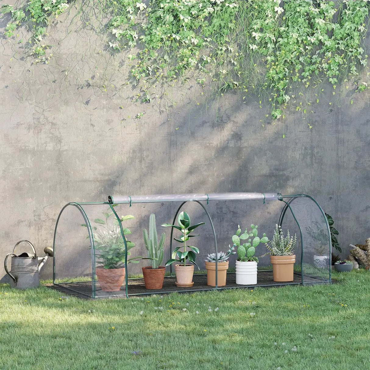 Outsunny Mini Greenhouse, Small Polytunnel Green House with Zipped Doors, Steel Frame for Garden Patio, 250 x 100 x 80cm, Clear