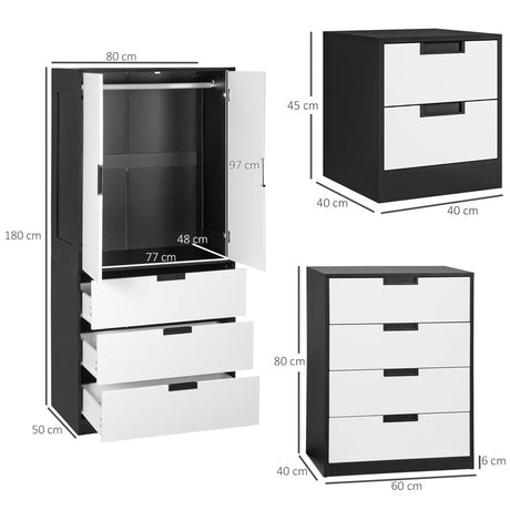 HOMCOM Bedroom Furniture Set, Wardrobe with Hanging Rod, 4 Drawer Chest of Drawers, 2 Bedside Tables with Storage, White and Black